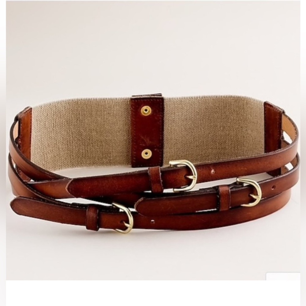 J Crew tri Buckle Waist Belt Brown leather brass Size Small